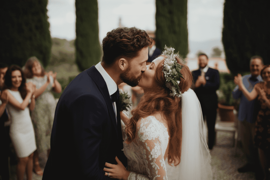 Braut und Bräutigam küssen sich bei ihrer Hochzeit.