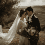 Braut und Bräutigam bei ihrer Hochzeit in der Natur.